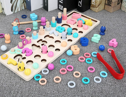 4-In-1 Educational Wooden Puzzles Toys for Numbers, Colors & Shapes Sorter Learning